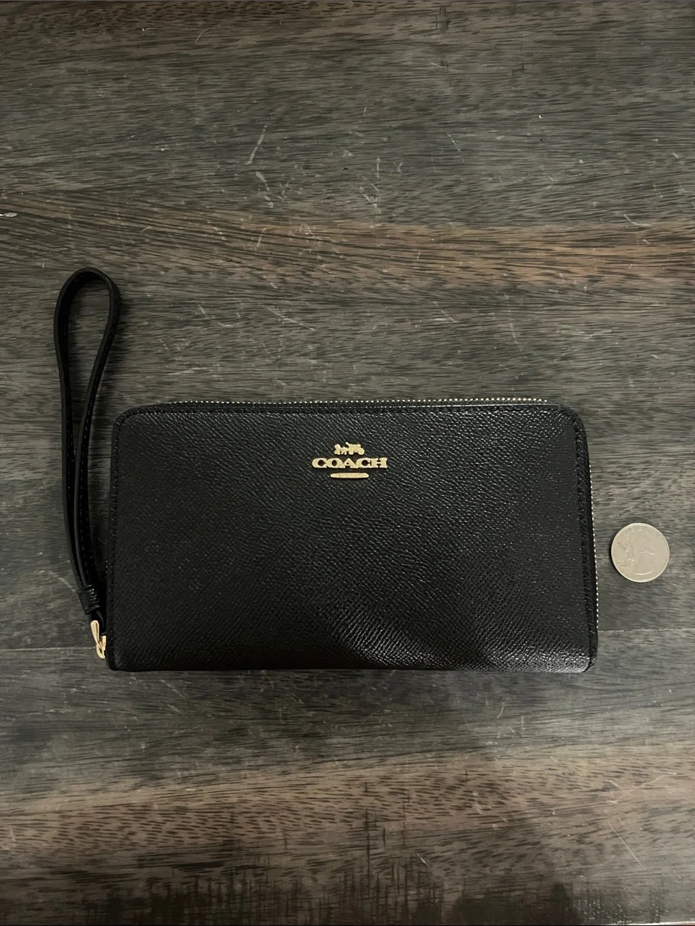 Coach Black Leather Zip Wristlet with Gold Logo